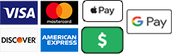 Payment Options: Visa, Discover, Mastercard, American Express, Apple Pay, Google Pay, Cash